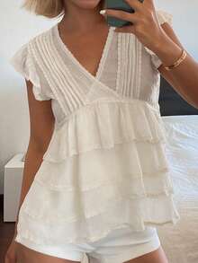 DAZY Women's Solid Color V-Neck Ruffle Casual Fashionable Blouse - White - View 2