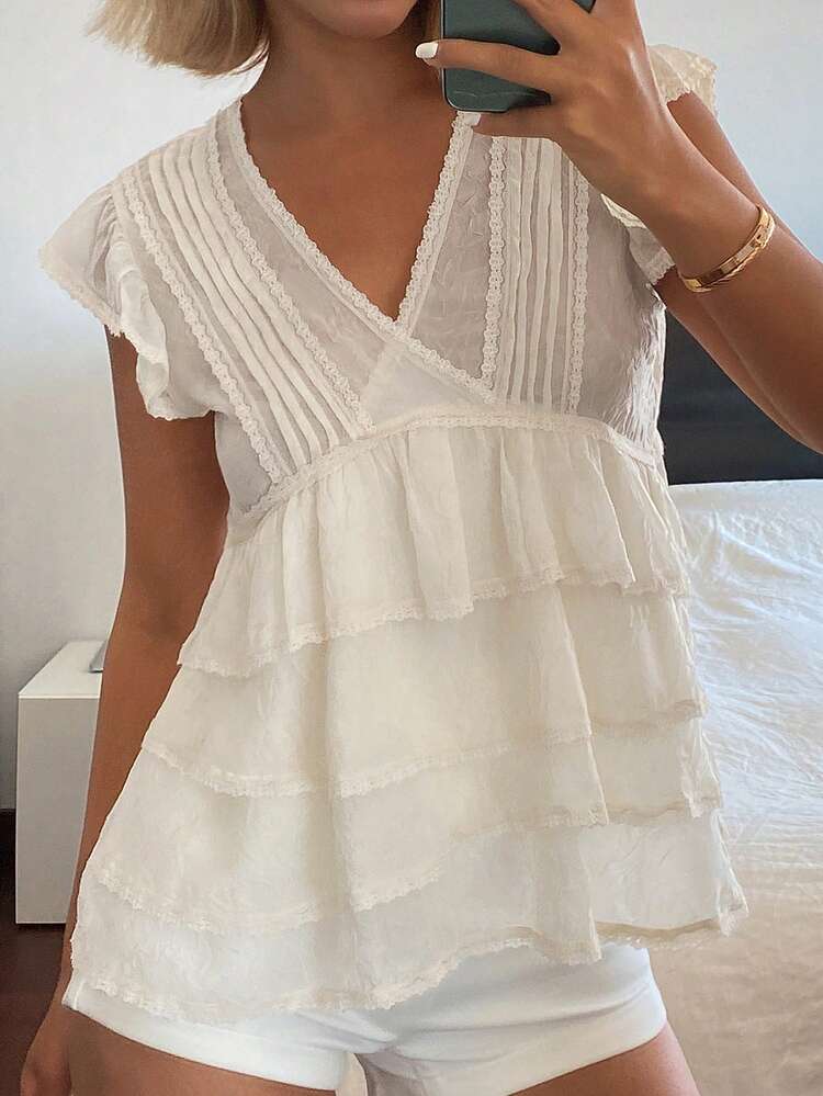 Women's Solid Color V-Neck Ruffle Casual Fashionable Blouse