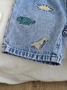 男童夏季卡通刺绣休闲牛仔短裤，轻薄透气，穿着舒适，适合外出、聚会、居家、节日等场合。 - 淺色水洗藍 - 查看 4