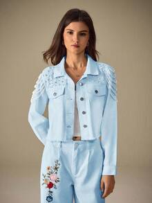 Selenza Áo sơ mi denim dài tay một hàng cúc, đa năng, dành cho nữ, trang trí giả ngọc trai. - Màu xanh lam - Xem 6