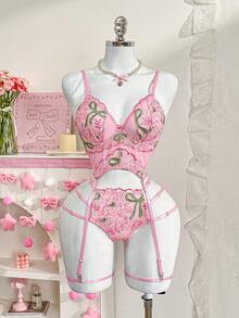 PetitDoll 4件套刺绣蕾丝钢圈女士内衣套装 - 粉色 - 查看 1
