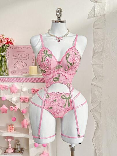 4 pièces/set Ensemble de lingerie avec armature brodée en dentelle pour femmes