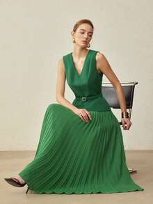 PREMIUM 无袖系带褶裥连衣裙，优雅通勤之选，春夏款 - 綠色 - 查看 2