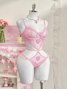 Đồ lót ren hồng thêu hình trái tim dễ thương và lãng mạn - Hồng - Xem 5