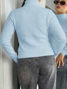 Bethéva 高领保暖内衬修身保暖长袖毛衣，秋冬新品 - 淺藍色 - 查看 3