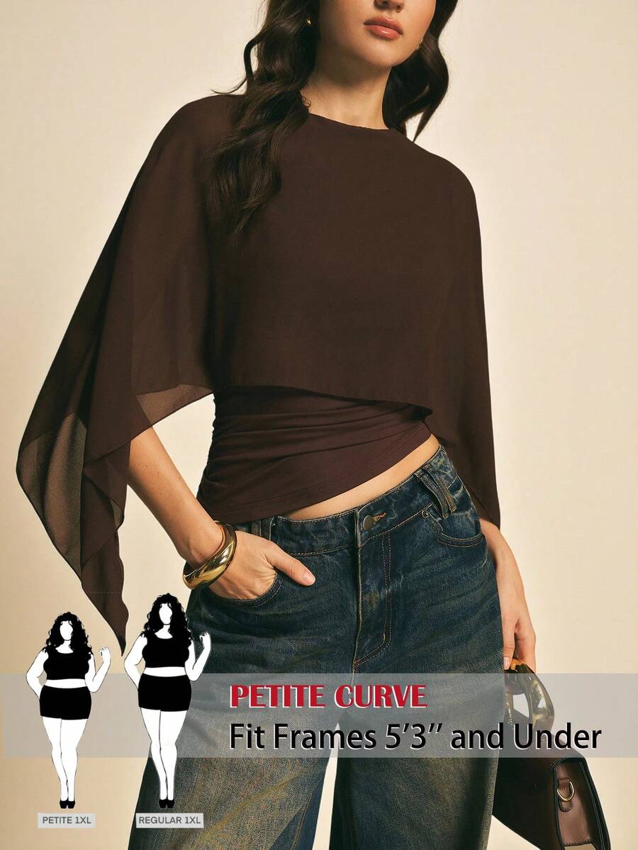 SHEIN PETITE CURVE Áo kiểu poncho tay dài xếp ly màu trơn dành cho nữ cỡ lớn - màu nâu - Xem 1