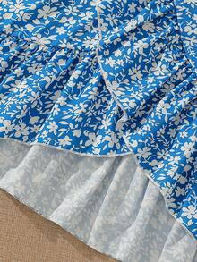 Bộ đồ đi nghỉ mát dành cho thiếu nữ: Áo thun trơn màu và chân váy xếp ly họa tiết hoa. - Màu xanh lam - Xem 9