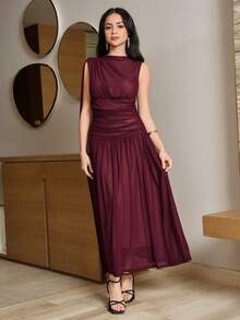 Modelyn 女士纯色褶裥领优雅中长连衣裙 - 深紅色 - 查看 5