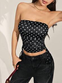 SHEIN PETITE 女士休闲简约Y2K黑白波点印花褶皱系带露脐上衣，哥特风，适合外出穿着，裹身式上衣 - 黑色 - 查看 11