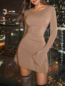 Solid Split Sleeve Bodycon Dress - Apricot - View 4