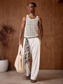 AKNOTIC 男士休闲菱形图案提花针织修身无袖背心 男士钩针背心 男士夏季背心 男士背心 节日网眼男士上衣 男士钩针背心 - 米色 - 查看 5