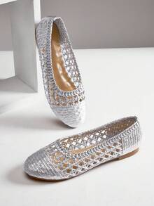 SHUZIA Ladies Elegant Woven PU Ballet Flats - Silver - View 3
