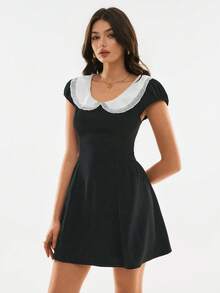 Poéselle Vestido de moda con cuello Peter Pan y mangas cortas de color contrastante para mujer, vestido negro, atuendos de trabajo para mujer, vestidos de vacaciones, vestidos elegantes para mujer, vestidos casuales para mujer, atuendos de vacaciones para mujer, estilo campestre para mujer, perfecto para vacaciones, viajes, fines de semana y uso en el té, vestido de primavera/verano con estilo preppy para mujer, vestido con cuello Peter Pan, vestido de estilo francés, vestido de marinero para mujer - Blanco - Ver 6