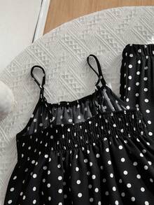 Sparklyn 少女波点印花荷叶边吊带背心和裤子套装 - 黑色 - 查看 4