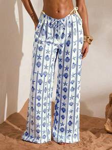 Swim Vcay 女士沙滩度假条纹贝壳和海星印花罩衫上衣和裤子套装 - 藍色 - 查看 5