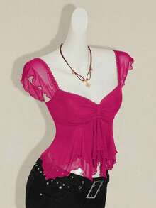 SHEIN ICON 女士褶皱前片修身性感网纱拼接短袖露背休闲度假短款吊带背心 - 玫紅色 - 查看 3