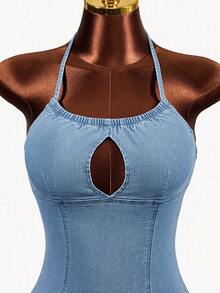 Mistrie 女士牛仔超长高开衩连衣裙 - 藍色 - 查看 3