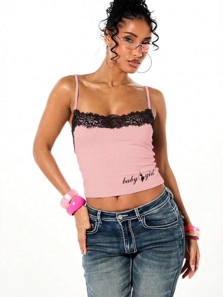 BABYPHAT Lace Detail Cami Top With Black Trim And Adjustable Straps Feminine Pink Lingerie Style Tank Top For Summer