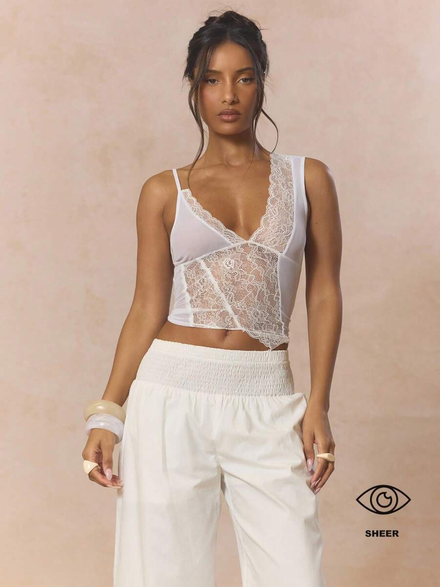 MUSERA V Plunge Sheer Lace Asymmetric Hem Cami Top Cute Spring Holiday Girly Sugar Salt - White - View 1
