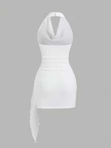 Sweetra Early Spring Sexy Draped Neck Ruched Waist Asymmetrical Hem Dress, Sophisticated Metal Buckle Decor, Chic Party Dress For Women - White - View 2