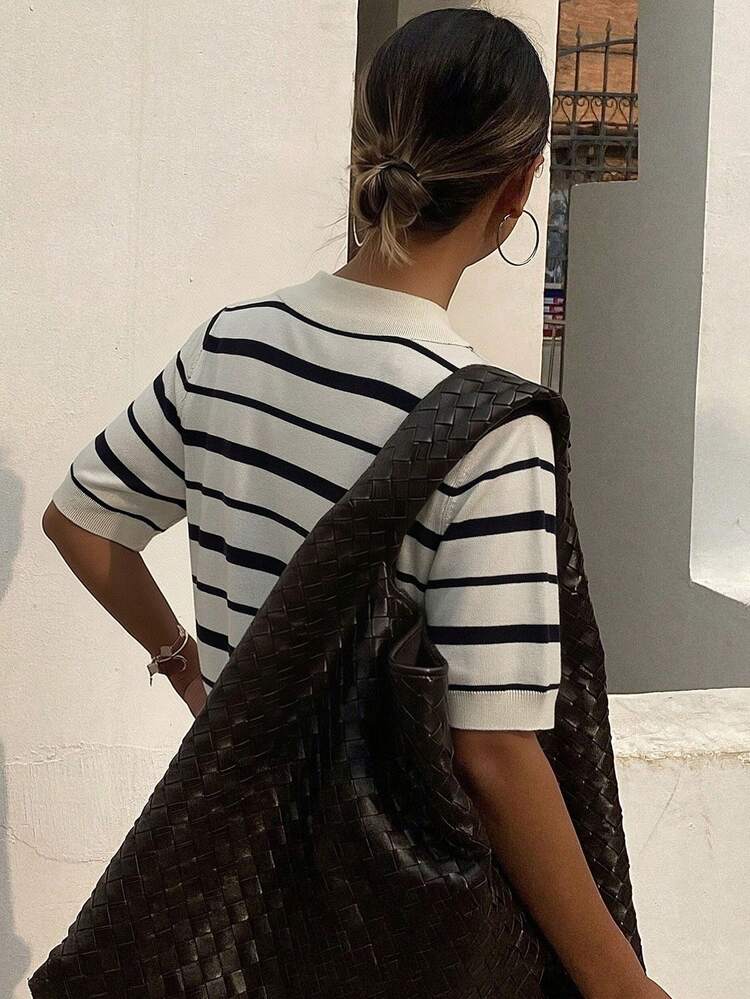 Striped Polo Collar Short Sleeve Casual Knit Top For Women, Spring & Summer