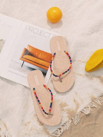 Swim Mod 撞色人字拖，女式多色仿編織坡跟人字拖，完美度假