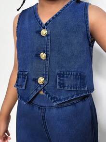 年轻女孩夏季V领单排扣背心和工装裤牛仔套装 - 中等水洗藍 - 查看 6