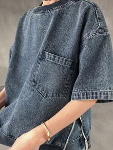 FRIFUL Women's Round Neck Drop Shoulder Zip Side Pocket Top And Pants Casual Loose Denim Set - Blue - View 5