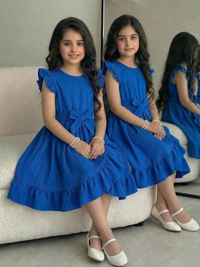 SHEIN Vestido de línea A con volantes en la cintura y estampado de mariposas en color azul claro, de uso casual y diario para niñas preadolescentes