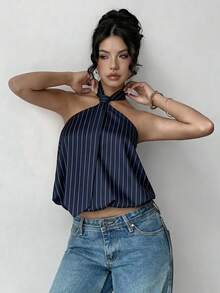 SHEIN Jeanoir 女士条纹时尚无袖露背上衣 - 彩色 - 查看 3