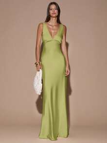 SHEIN BAE 性感简约纯色奶油黄深V领无袖露背系带连衣裙，适合派对、鸡尾酒会、正式场合、伴娘、生日、圣诞节、商务休闲等场合。 - 橄欖綠 - 查看 3
