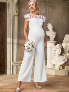 SHEIN Mono de maternidad de pierna ancha con unicolor y encaje de contraste - Blanco - Ver 2