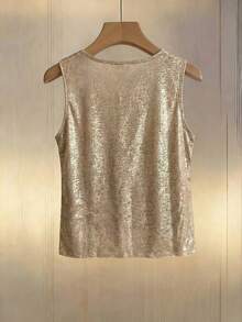 Franclia 纯色箔面V领珍珠串珠修身无袖女式背心 - 金色 - 查看 2