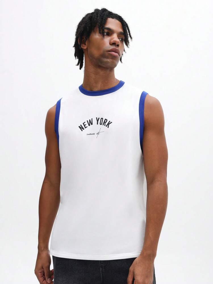 Camiseta de tirantes de algodón para hombre, cuello redondo, estampado de texto New York, casual de verano, musculosa, con ribete azul