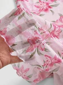 SHEIN Girlism 少女碎花网纱吊带优雅连衣裙 - 粉色 - 查看 4