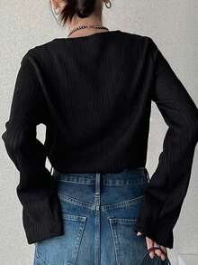 FRIFUL Women's T-Shirt, Shoulder Cut-Out Design, Summer - Black - View 3