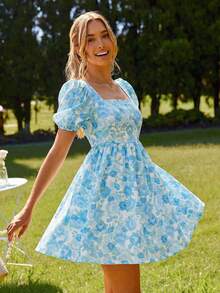 KARISMINA Đầm ngắn nữ thời trang, thanh lịch, lãng mạn in hoa, kiểu dáng đi nghỉ mát, màu xanh dương và trắng. - Xanh và trắng - Xem 4