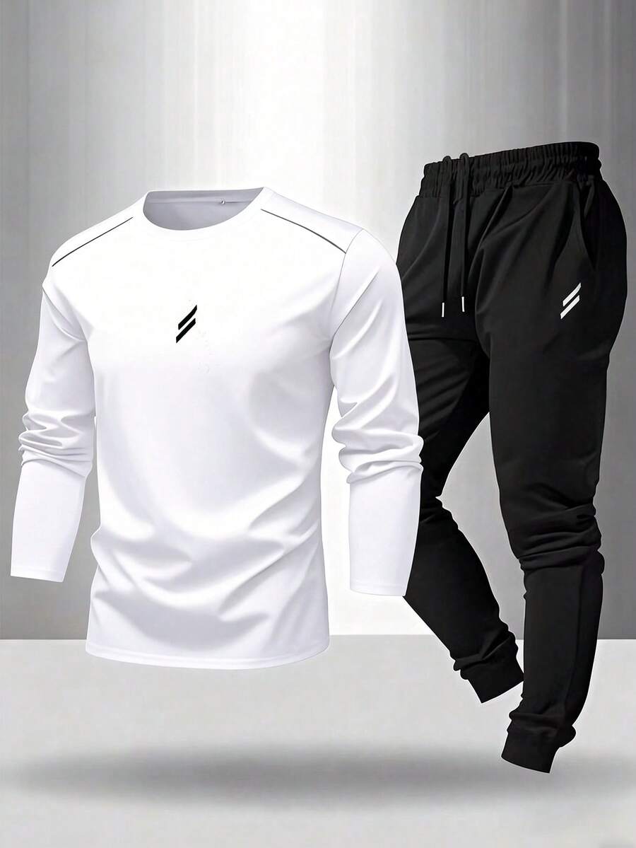 Gym Rark Men's Sports Set, Long Sleeve T-Shirt And Pants With Fashion Logo - White - View 1