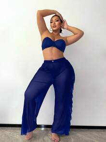 Slaydiva Ruffled Hem Solid Color Plus Size Women Cover Up & Pants Set - Royal Blue - View 5