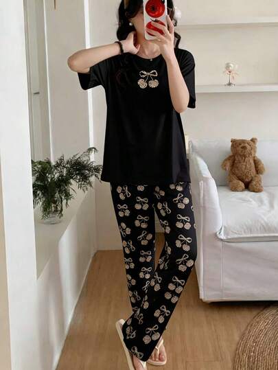 1 Set de pijamas para adolescentes, con parte superior de punto de cuello redondo de manga corta con decoración de lazo de estampado de leopardo y pantalones con estampado de leopardo y lazo, ropa de estar en casa casual y cómoda para el verano