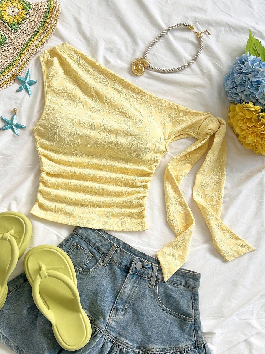 Soleia Women's Oblique Shoulder Ruched Cashew Embroidery Pattern Fashionable Versatile Top For Dates And Parties - Pale Yellow - View 1