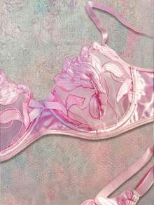 Elorette Conjunto de lencería sexy de 2 piezas con bordado floral y malla para salir - Rosa - Ver 4