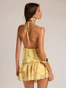 SHEIN BAE Đầm hoa nhí màu vàng, cổ buộc dây, viền bèo nhún, thích hợp cho mùa xuân/hè. - Màu vàng - Xem 2