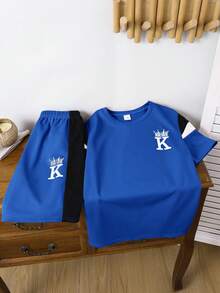 SHEIN 2pcs Tween Boy Patchwork Contrast Color Crew Neck T-Shirt & Shorts Set,Blue White Stripe,Summer,Casual,Streetwear,City Break,Soft Sporty Versatile - Royal Blue - View 8
