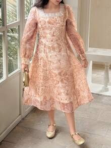 Dazy Kids Tween Girl All-Over Print Elegant Party & Travel Dress - Apricot - View 4