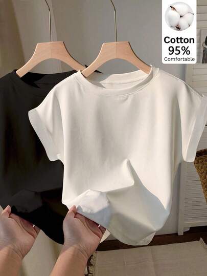 SHEIN EZwear 2 piezas Camiseta de manga corta de cuello redondo 95% algodón cómoda, adecuada para el verano, con ajuste oversize, estilo sin mangas, cómoda de llevar, adecuada para vacaciones, festivales de música, días de juego, fiestas, graduación, hermandad