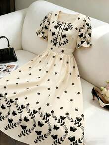 Franclia Robe imprimée vintage noire avec papillon et fleurs, encolure carrée, manches bouffantes, taille cintrée, longueur longue, silhouette douce, convient pour le travail, la mode et les vacances - Nude - Voir 1