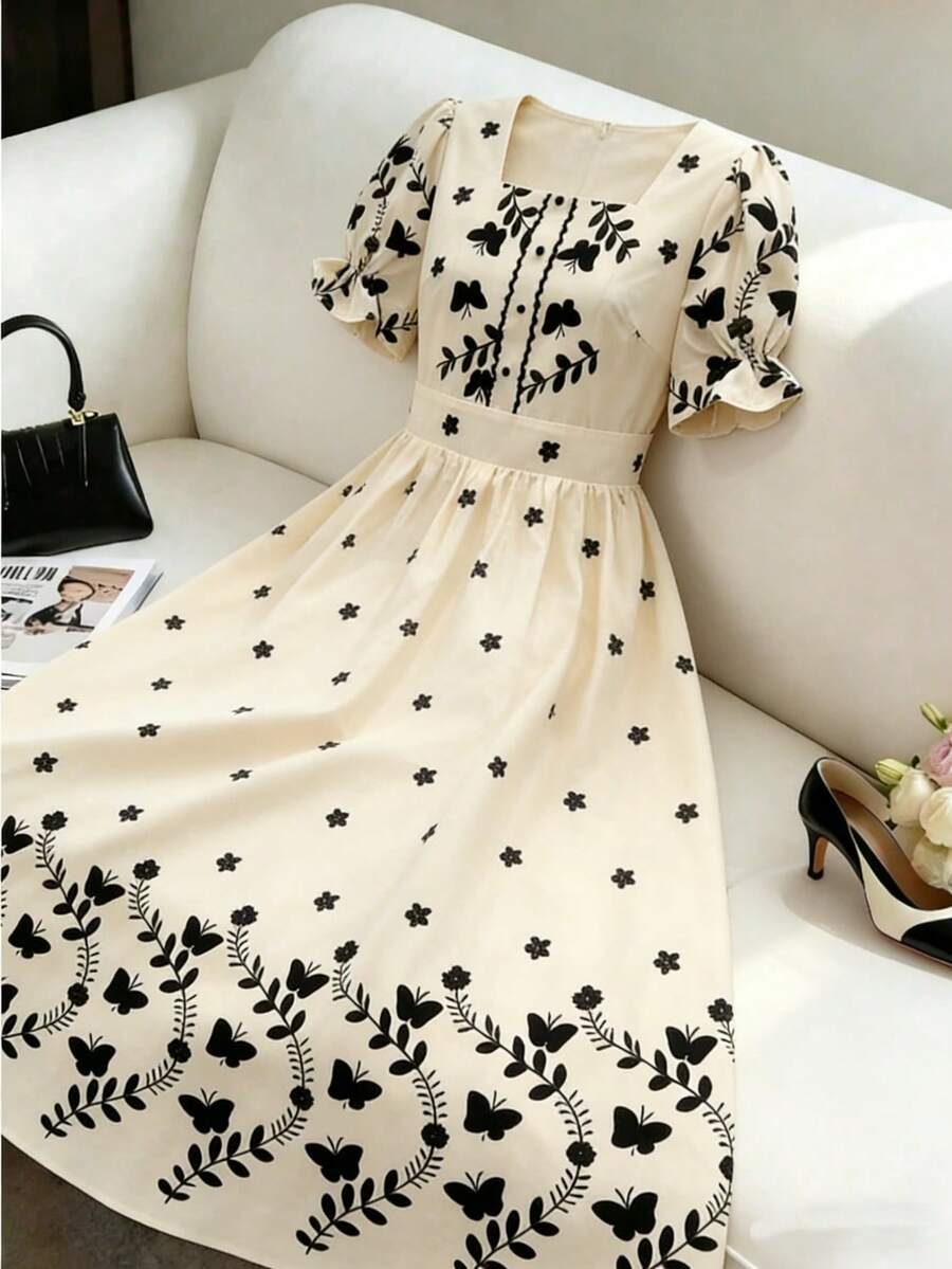 Franclia Robe imprimée vintage noire avec papillon et fleurs, encolure carrée, manches bouffantes, taille cintrée, longueur longue, silhouette douce, convient pour le travail, la mode et les vacances - Nude - Voir 1