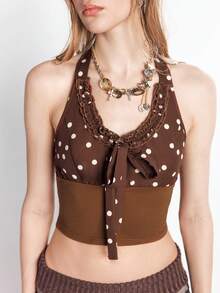Bloopia Áo croptop nữ dệt kim không tay chấm bi ôm sát gợi cảm, viền bèo kiểu Pháp, thiết kế mới. - màu nâu - Xem 7