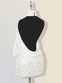 SHEIN ICON Glittering Sequin High Neck Backless Ruched Bodycon Mini Dress - White - View 7